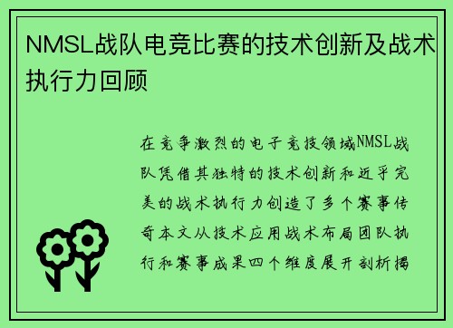 NMSL战队电竞比赛的技术创新及战术执行力回顾
